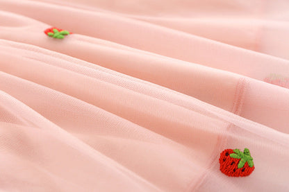 Baby Girl Strawberries Embroidered Mesh Overlay Design Bow Tie Patched Hundred Dress