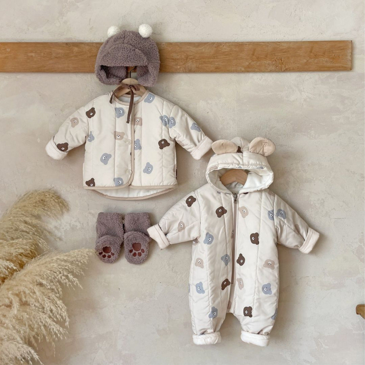 Winter Baby Unisex Little Bear Head Thicken Long Sleeve Jumpsuit
