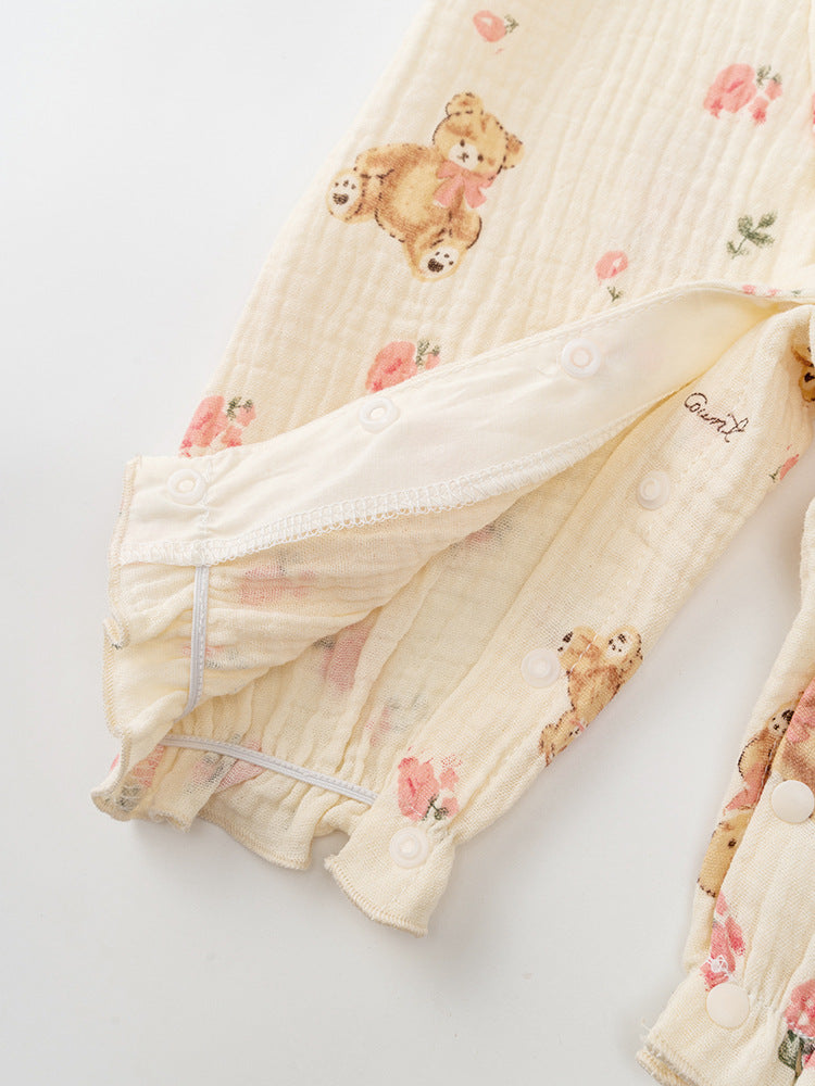 Autumn New Arrival Baby Girls Flowers and Teddy Pattern Butterfly Bows Attached Romper-4
