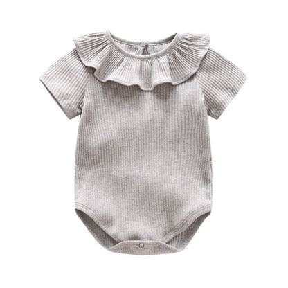 Baby Girl Solid Color Ruffle Design Short Sleeve O-Neck Onesies