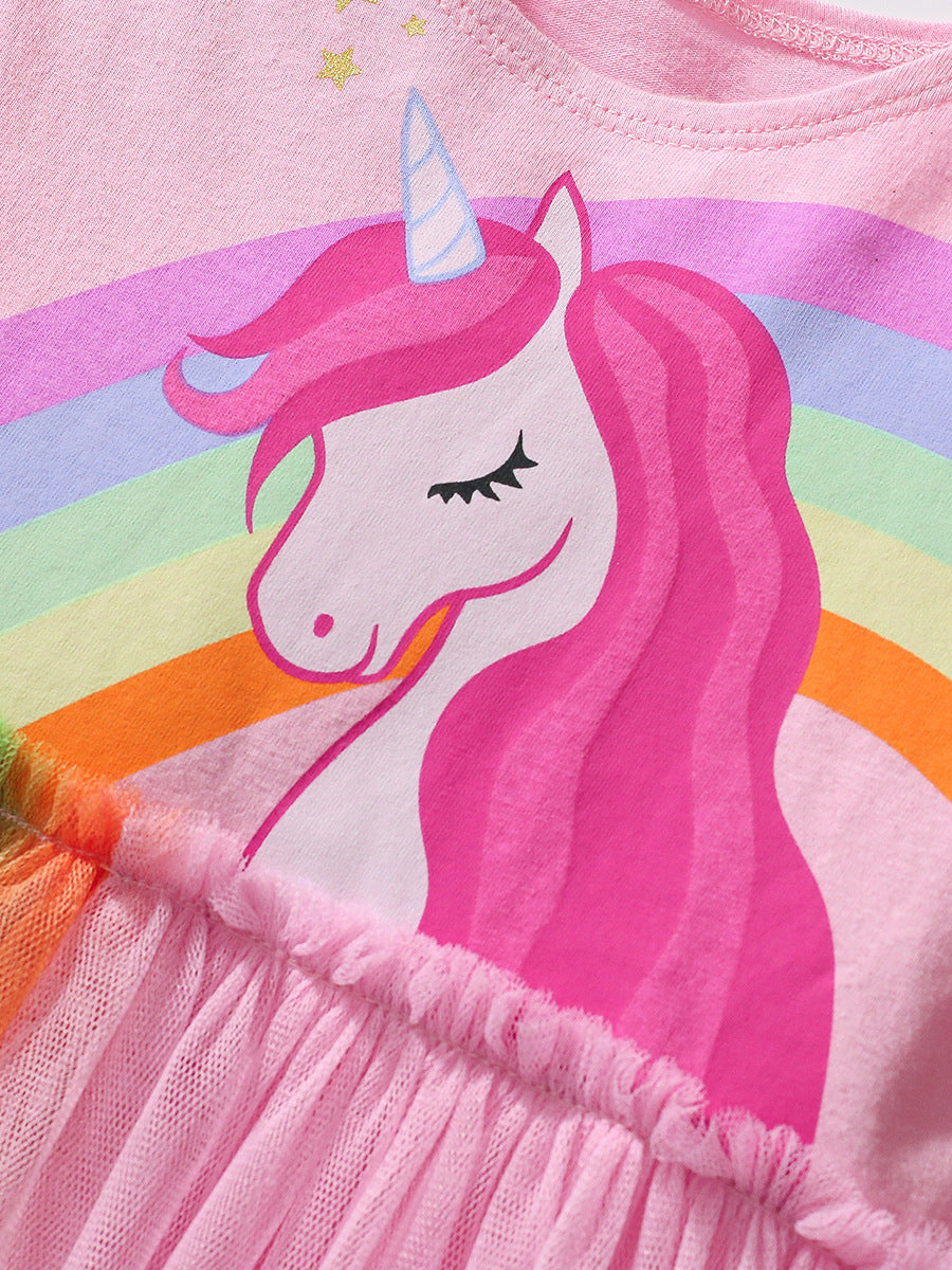 Design Autumn Girls Unicorn Cartoon Pattern Crew Neck Long Sleeves Rainbow Colorful Tulle Patchwork Dress
