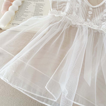 Spring Baby White Embroidery Lace Mesh Princess Onesie Dress For Girls