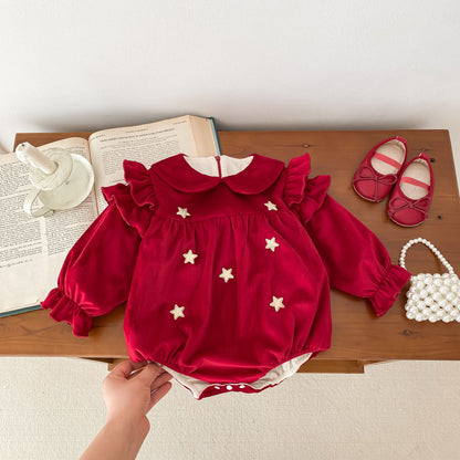 Newborn Baby Girls Peter Pan Collar Long Ruffle Sleeves Star Knitted Onesie