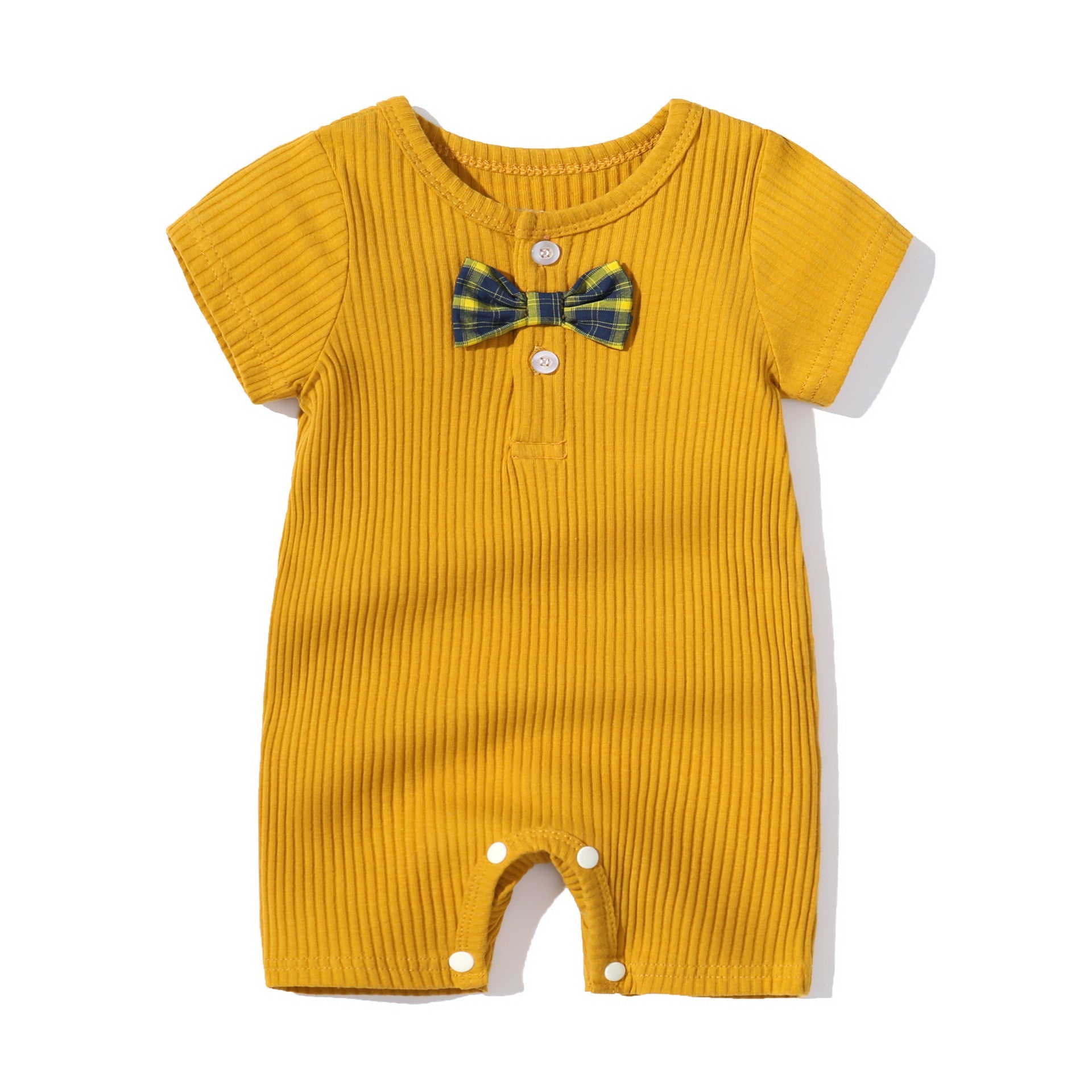 Baby Boy And Girl Solid Color Bow Tie Decoration Short Sleeve Neck-Buttoned Romper-3