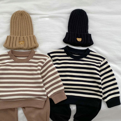 Baby Striped Pattern Waffle Fabric Hoodies Combo Pants Sets