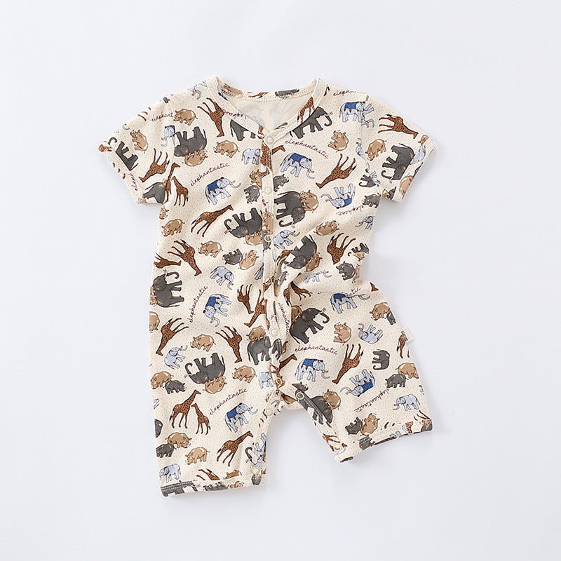 Summer Baby Boys And Girls Cartoon Print Short Sleeves Button Front Romper