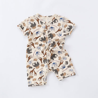 Summer Baby Boys And Girls Cartoon Print Short Sleeves Button Front Romper