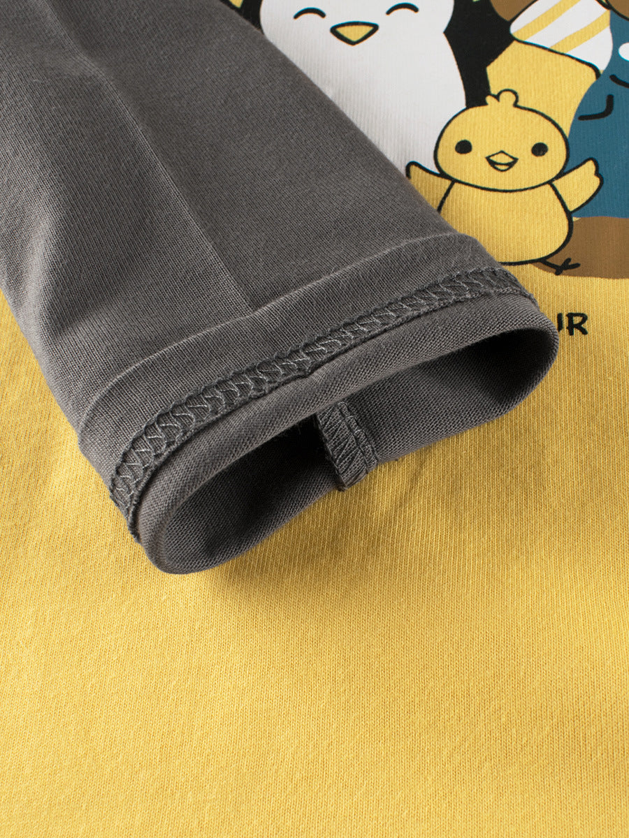 Autumn Baby Boys Cartoon Animals Friend Print Color Patchwork Long Sleeves Crew Neck Base Top Shirt