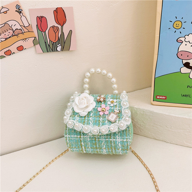 Stylish Plaid Carry-On Girls’ Portable 3D Flower Beaded Crossbody Handbag