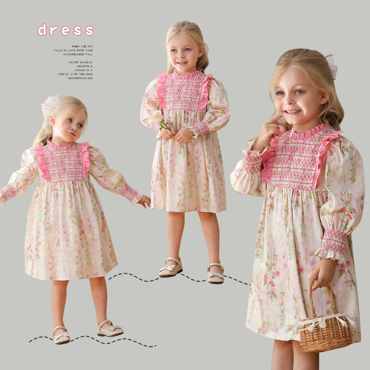 Design Autumn Girls Fashion Floral Long Puff Sleeves Ruffle Neck Dress-0
