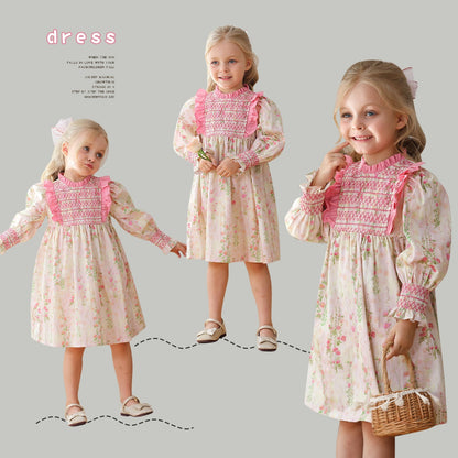 Design Autumn Girls Fashion Floral Long Puff Sleeves Ruffle Neck Dress-0