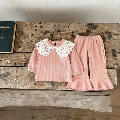Spring Baby Kids Girls Hollow-Out Collar Top And Flared Pants Clothing-3