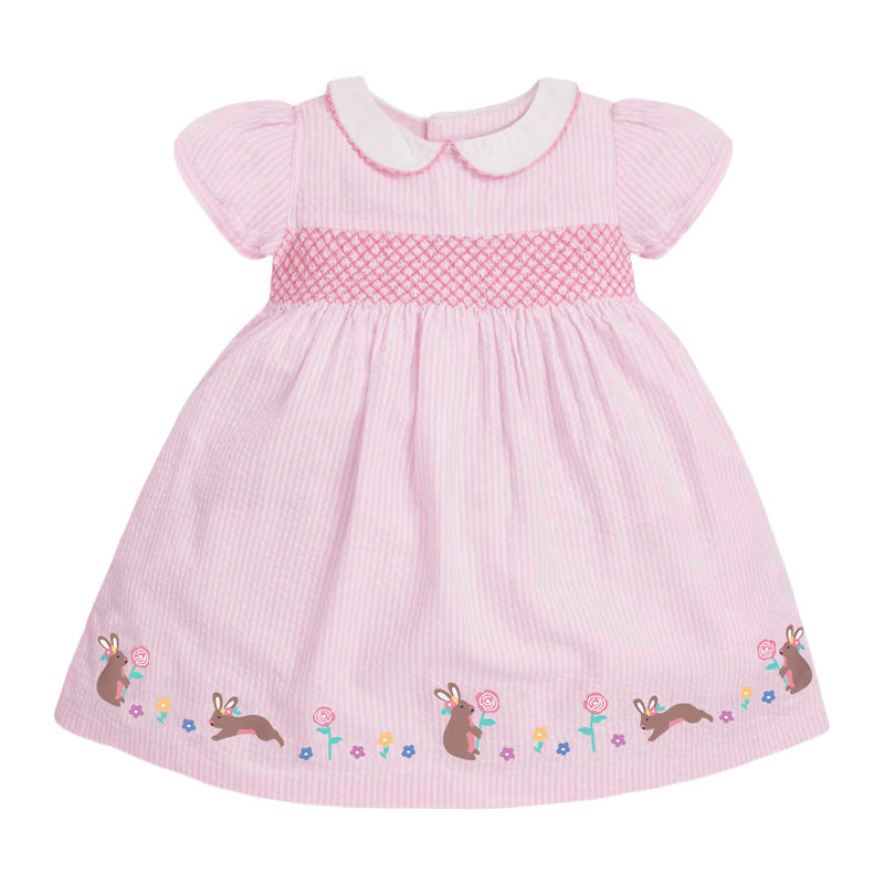 Baby Kids Girls Pink Short Sleeves Dress With Rabbits And Flowers Pattern