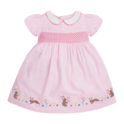 Baby Kids Girls Pink Short Sleeves Dress With Rabbits And Flowers Pattern