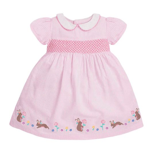 Baby Kids Girls Pink Short Sleeves Dress With Rabbits And Flowers Pattern
