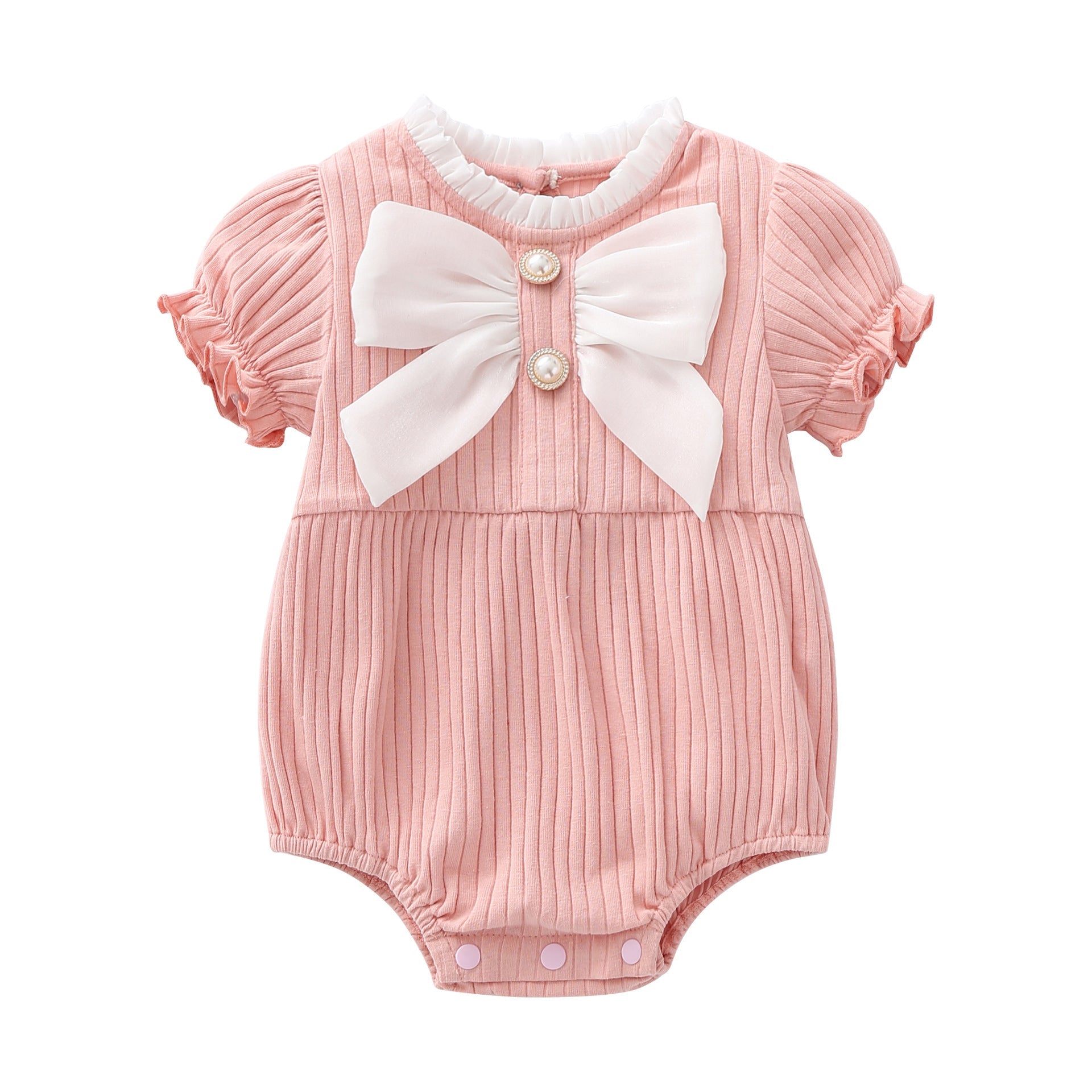 Baby Girls Solid Color Lace Design Puff-Sleeved Fashion Onesies With Bow Decoration In Summer-3