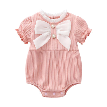 Baby Girls Solid Color Lace Design Puff-Sleeved Fashion Onesies With Bow Decoration In Summer-3