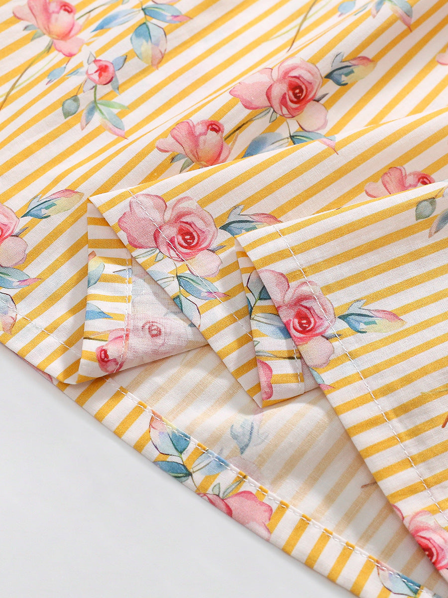 Design Autumn Girls Flowers Pattern Big Collar Long Sleeves Striped Dress-4