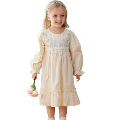 Arrival Autumn Girls French Style Crew Neck Long Sleeves Floral Embroidery Pattern Dress-3