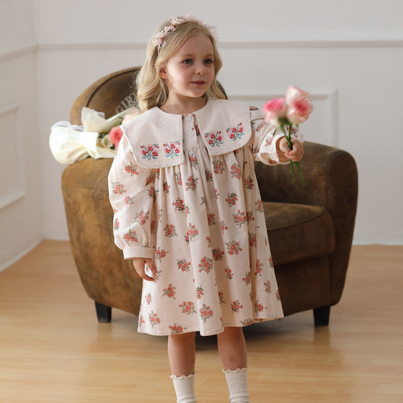 Design Autumn Girls Fashion Floral Long Sleeves Square Collar Dress-2