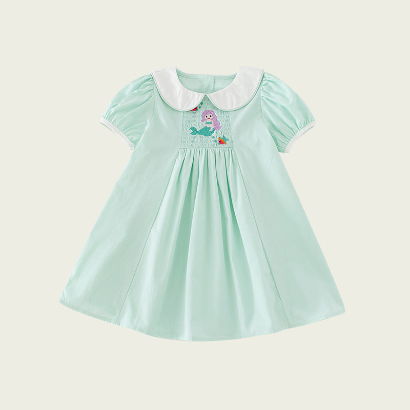 Arrival Summer Baby Kids Girls Short Sleeves Mermaid Embroidery Dress-2