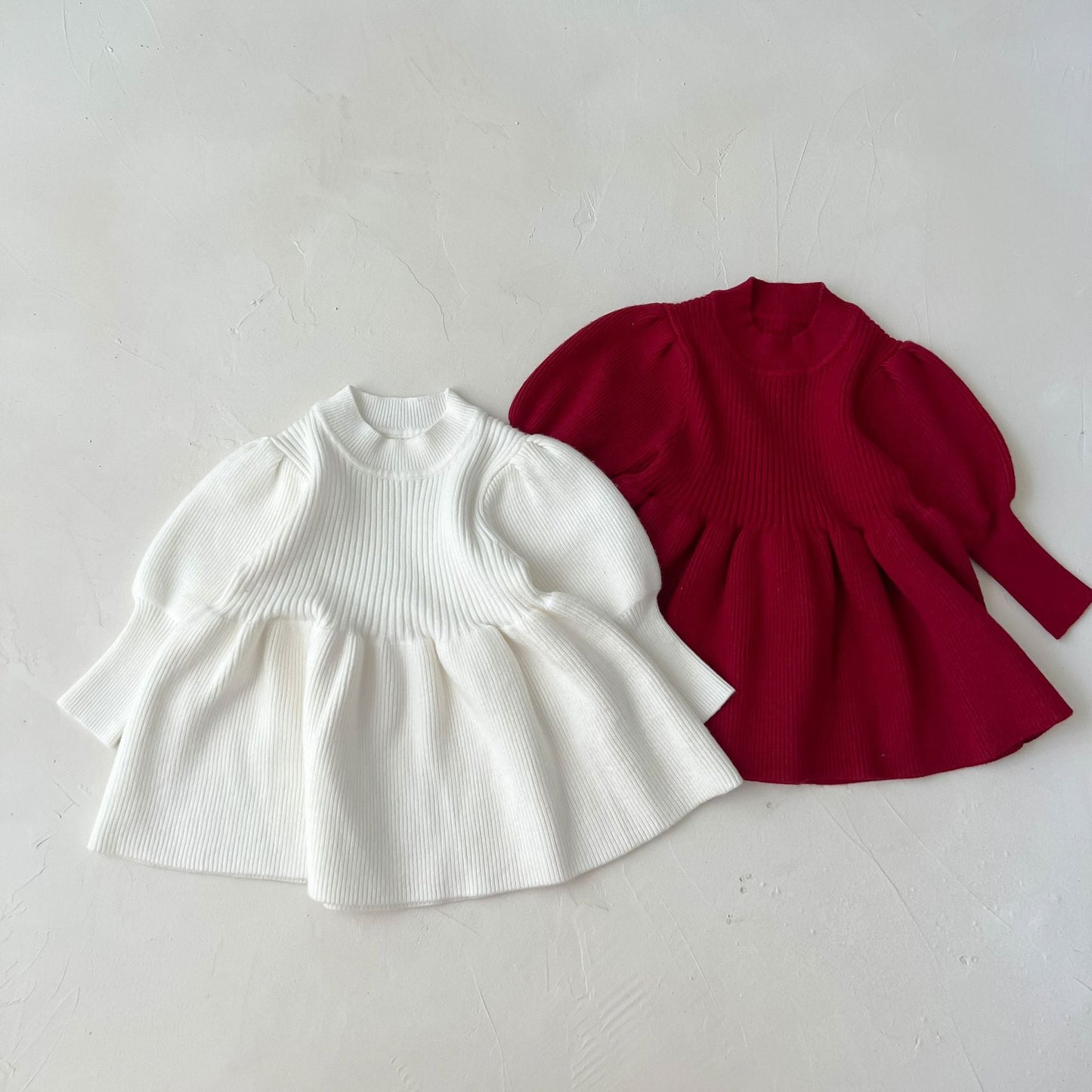 Baby Girl Solid Lantern-Sleeved Knitting Dress In Autumn