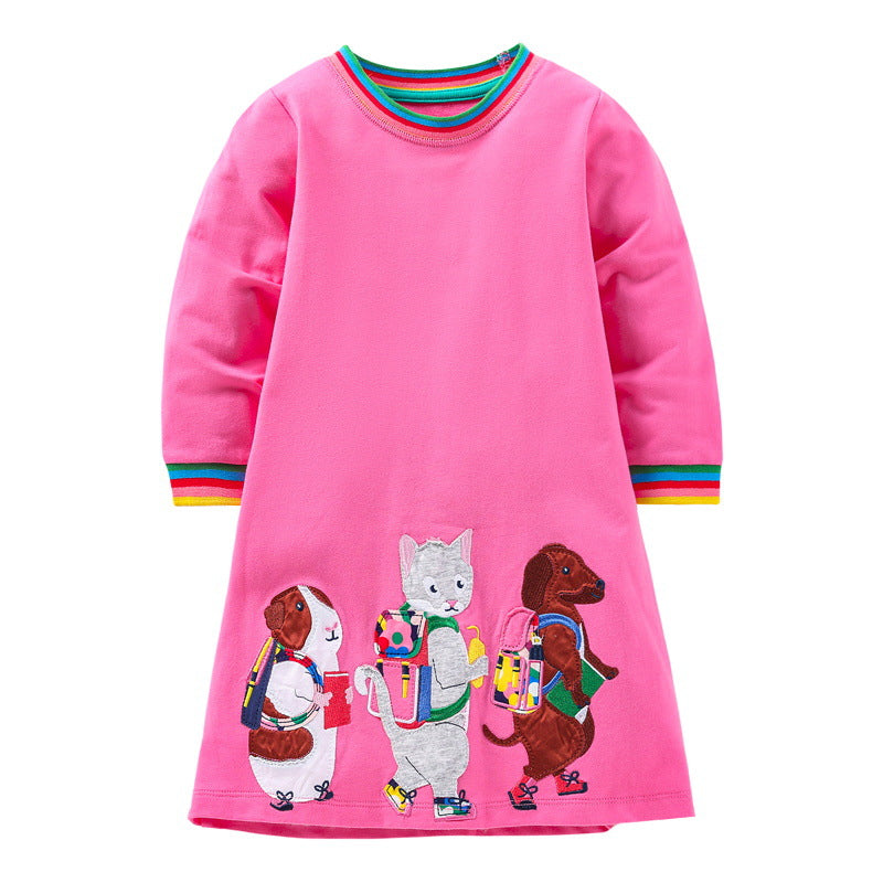 Best Selling Autumn Girls Animals Friends Pattern Rainbow Crew Neck Long Sleeves Dress-0