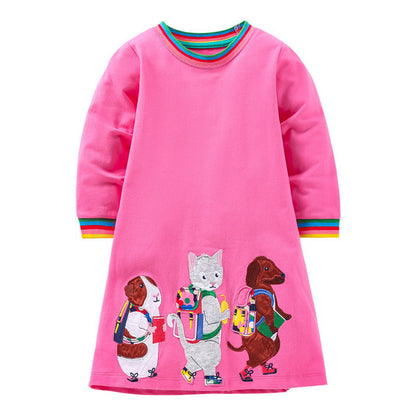Best Selling Autumn Girls Animals Friends Pattern Rainbow Crew Neck Long Sleeves Dress-0