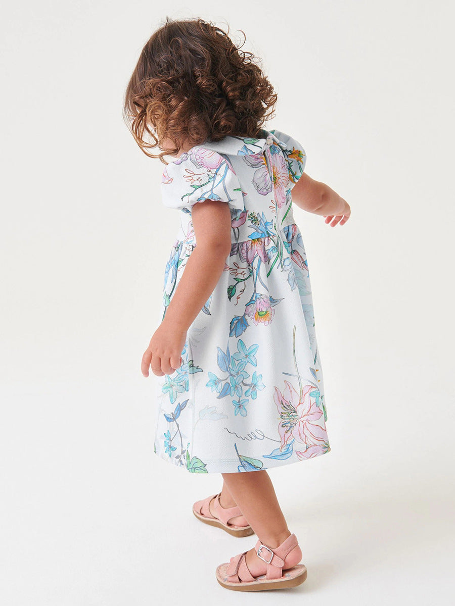 Spring And Summer Baby Girls Peter Pan Collar Short Sleeves Floral Dress