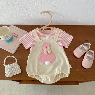 Summer Design Baby Girls Cheap Striped Rabbits Pattern Short Sleeves Onesies-1