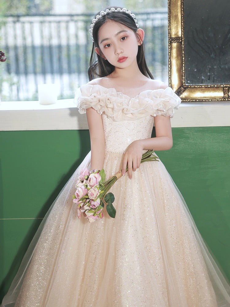 Champagne Tulle Hostess One-Shoulder Evening Gown For Girls: Perfect Attire For Piano Performances-2