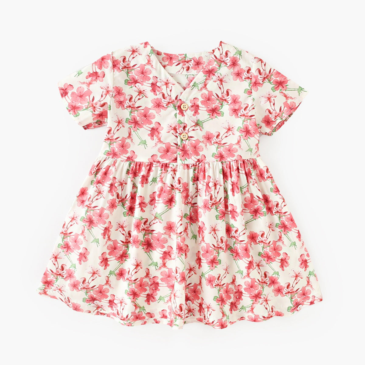 Summer Arrival Baby Girls Elegant Floral Pattern Short Sleeves V Neck Dress-2