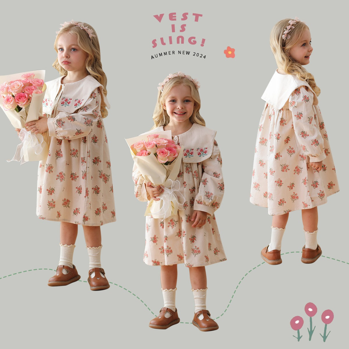 Design Autumn Girls Fashion Floral Long Sleeves Square Collar Dress-0