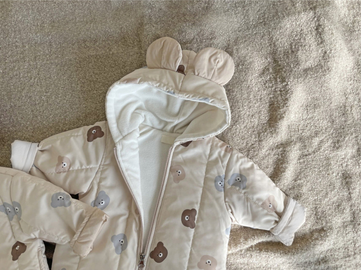 Winter Baby Unisex Little Bear Head Thicken Long Sleeve Jumpsuit