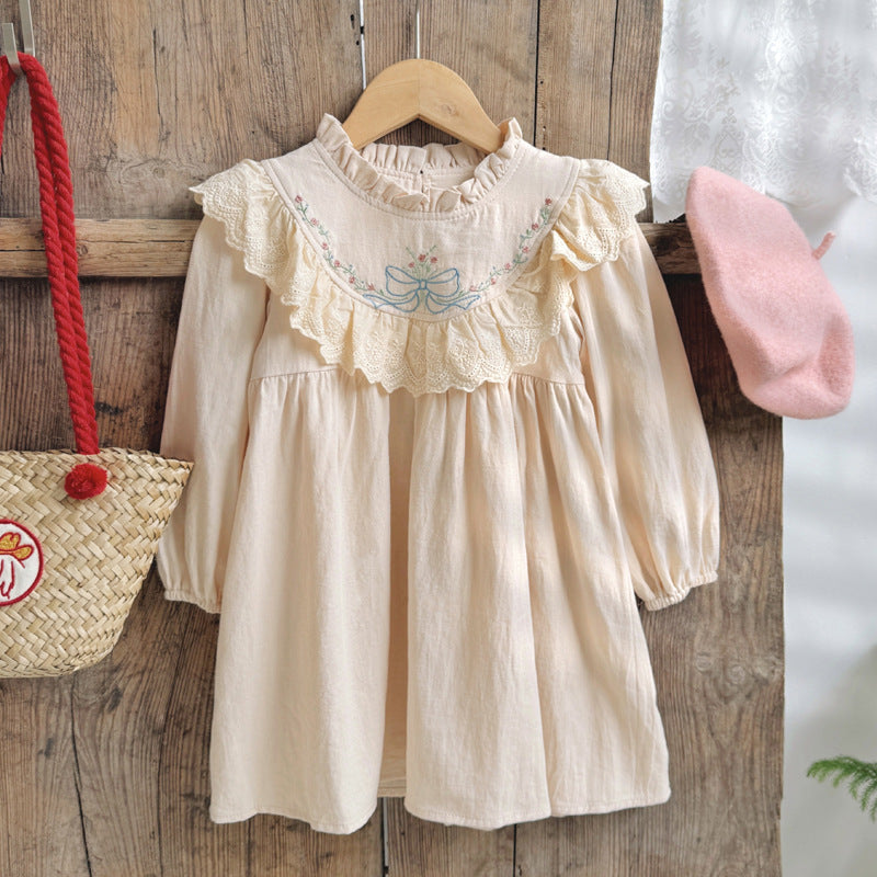 Design Autumn Girls Flowers and Bows Embroidery Ruffle Neck Long Sleeves French Style Dress