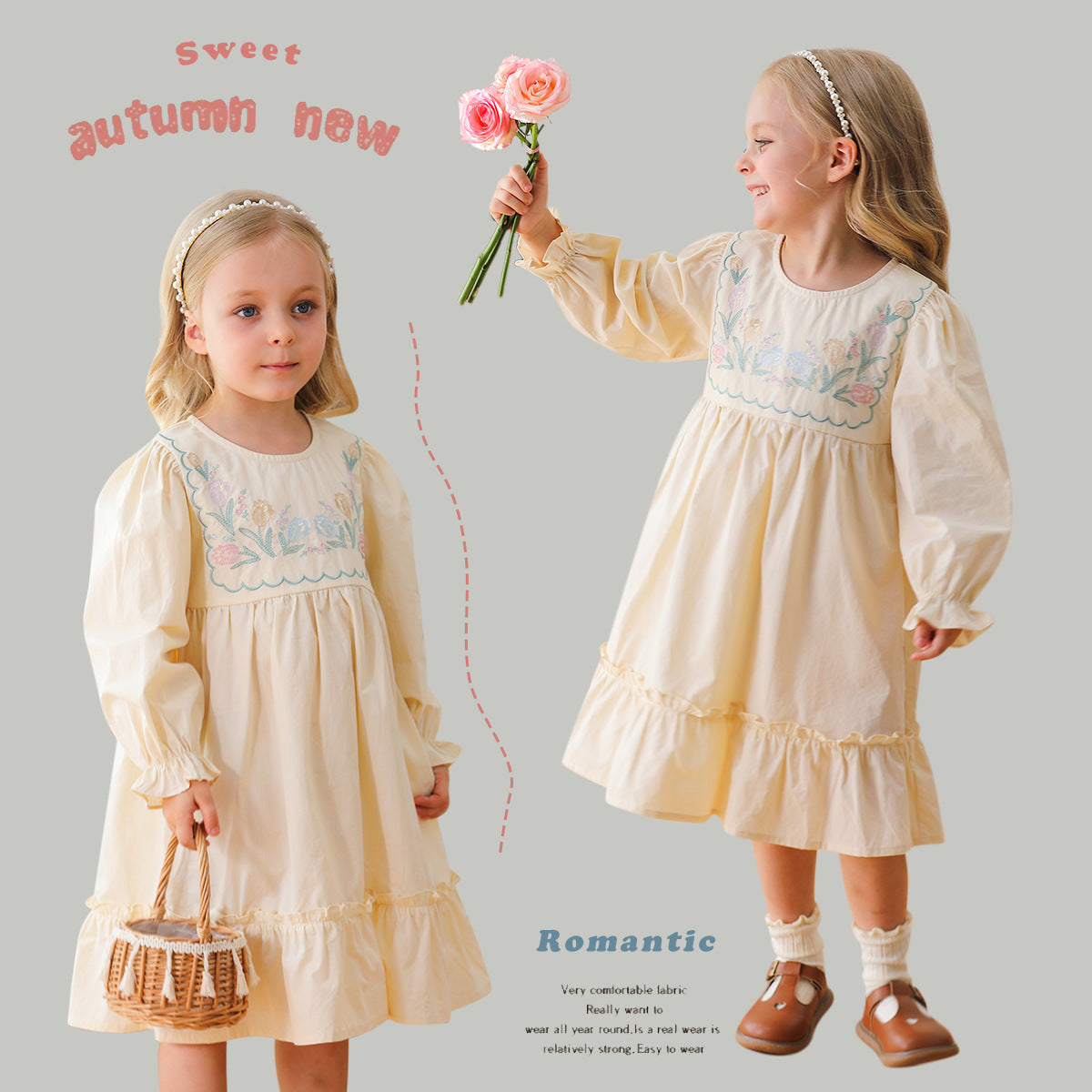 Arrival Autumn Girls French Style Crew Neck Long Sleeves Floral Embroidery Pattern Dress-0