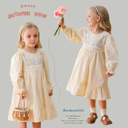 Arrival Autumn Girls French Style Crew Neck Long Sleeves Floral Embroidery Pattern Dress-0