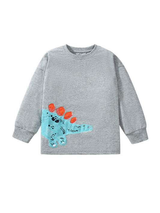 Arrival Autumn Kids’ Dinosaur Cartoon Pattern Appliqué Embroidery Long Sleeves T-Shirt In European And American Style For Summer-0