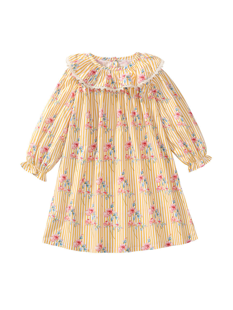 Design Autumn Girls Flowers Pattern Big Collar Long Sleeves Striped Dress-0