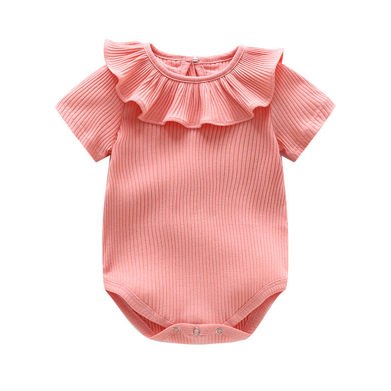 Baby Girl Solid Color Ruffle Design Short Sleeve O-Neck Onesies