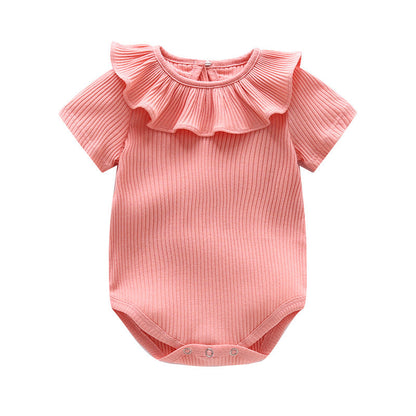 Baby Girl Solid Color Ruffle Design Short Sleeve O-Neck Onesies