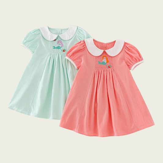 Arrival Summer Baby Kids Girls Short Sleeves Mermaid Embroidery Dress-0