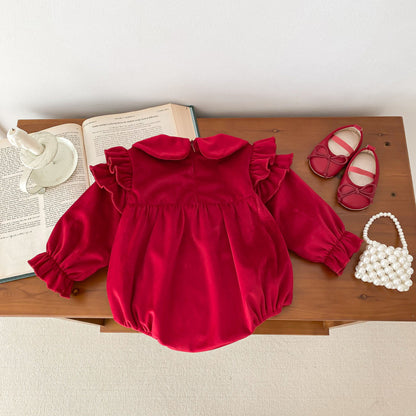 Newborn Baby Girls Peter Pan Collar Long Ruffle Sleeves Star Knitted Onesie