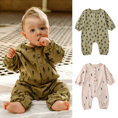 Moon Print Pattern Casual Long Sleeve Rompers