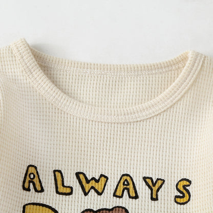 Baby Cartoon Bear & Slogan Pattern Waffle Fabric Tops Combo Solid Shorts 1-Piece Sets-4