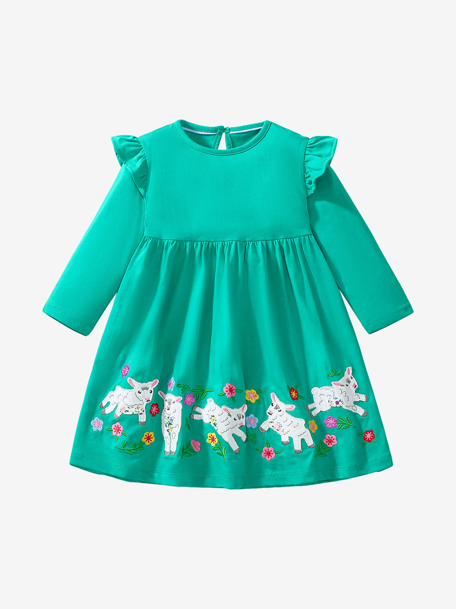 Best Selling Autumn Girls Long Sleeves Cartoon Flowers And Lamb Pattern Crew Neck Dress-1