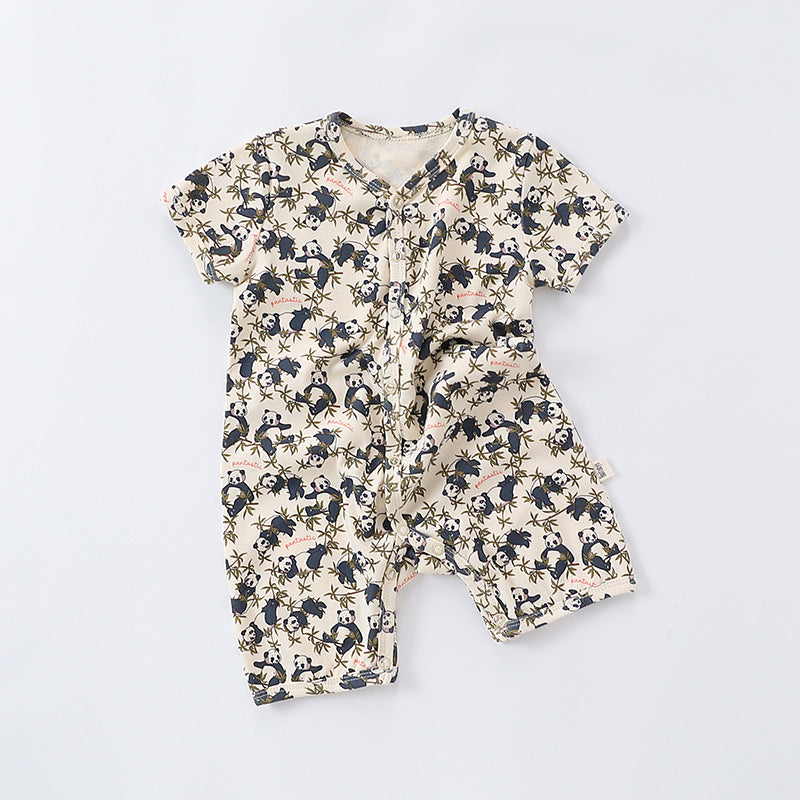 Summer Baby Boys And Girls Cartoon Print Short Sleeves Button Front Romper
