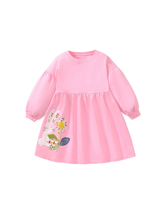 Arrival Autumn Girls Long Sleeves Flowers And Rabbit Pattern Crew Neck Dress-0