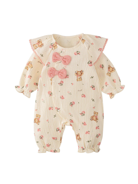 Autumn New Arrival Baby Girls Flowers and Teddy Pattern Butterfly Bows Attached Romper-0