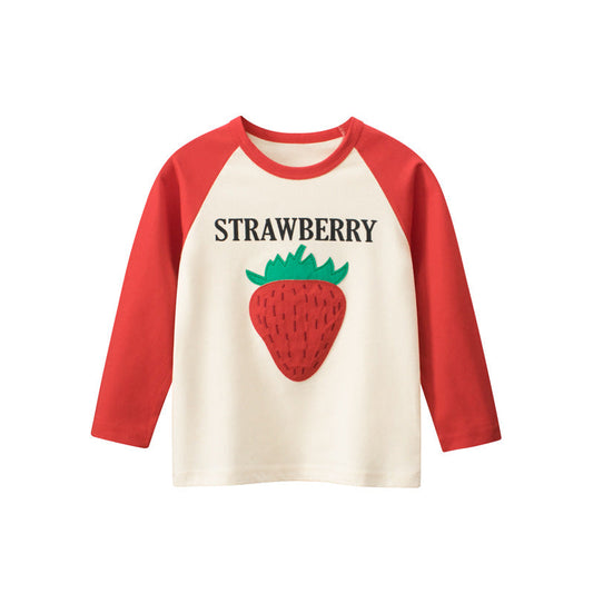 Baby Girl Strawberry Print Pattern Soft Cotton Crewneck Shirt